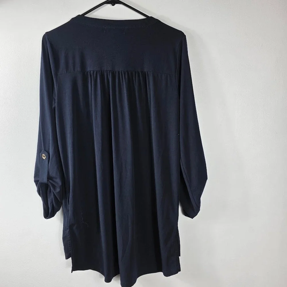 Michael Kors Navy Blue V Neck Grommet Detail Long Sleeve Tunic Top M‎